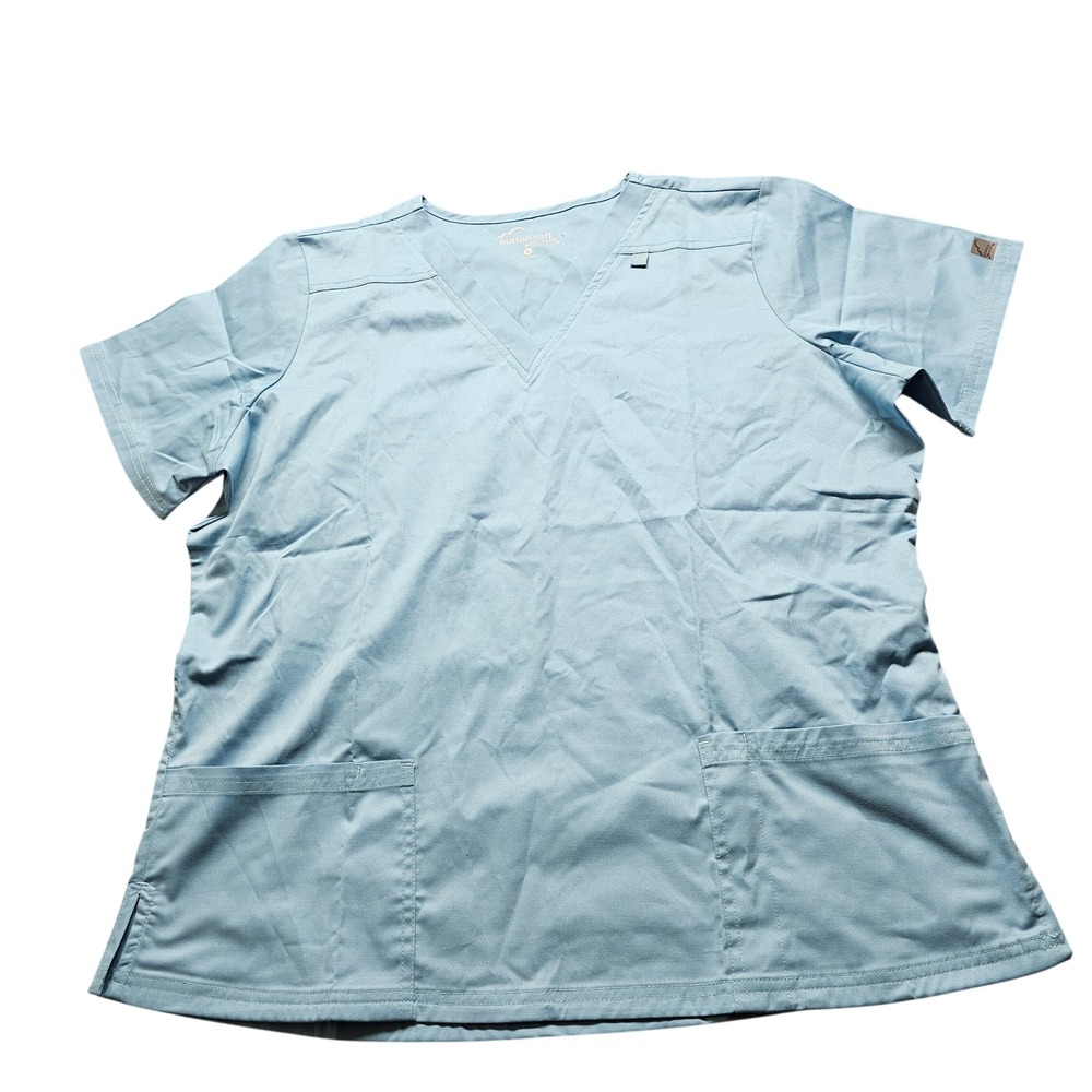 Butter-Soft Stretch Scrub Top Womens L Blue V-Neck Short Sleeve BSS362 DEDRO